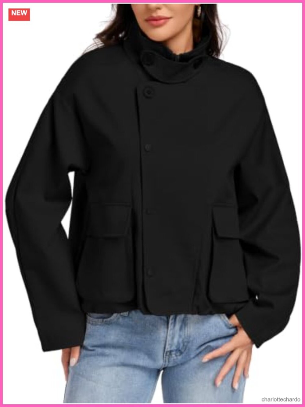 Women's Cropped Trench Coat Bomber Jacket Funnel Neck Zip Up